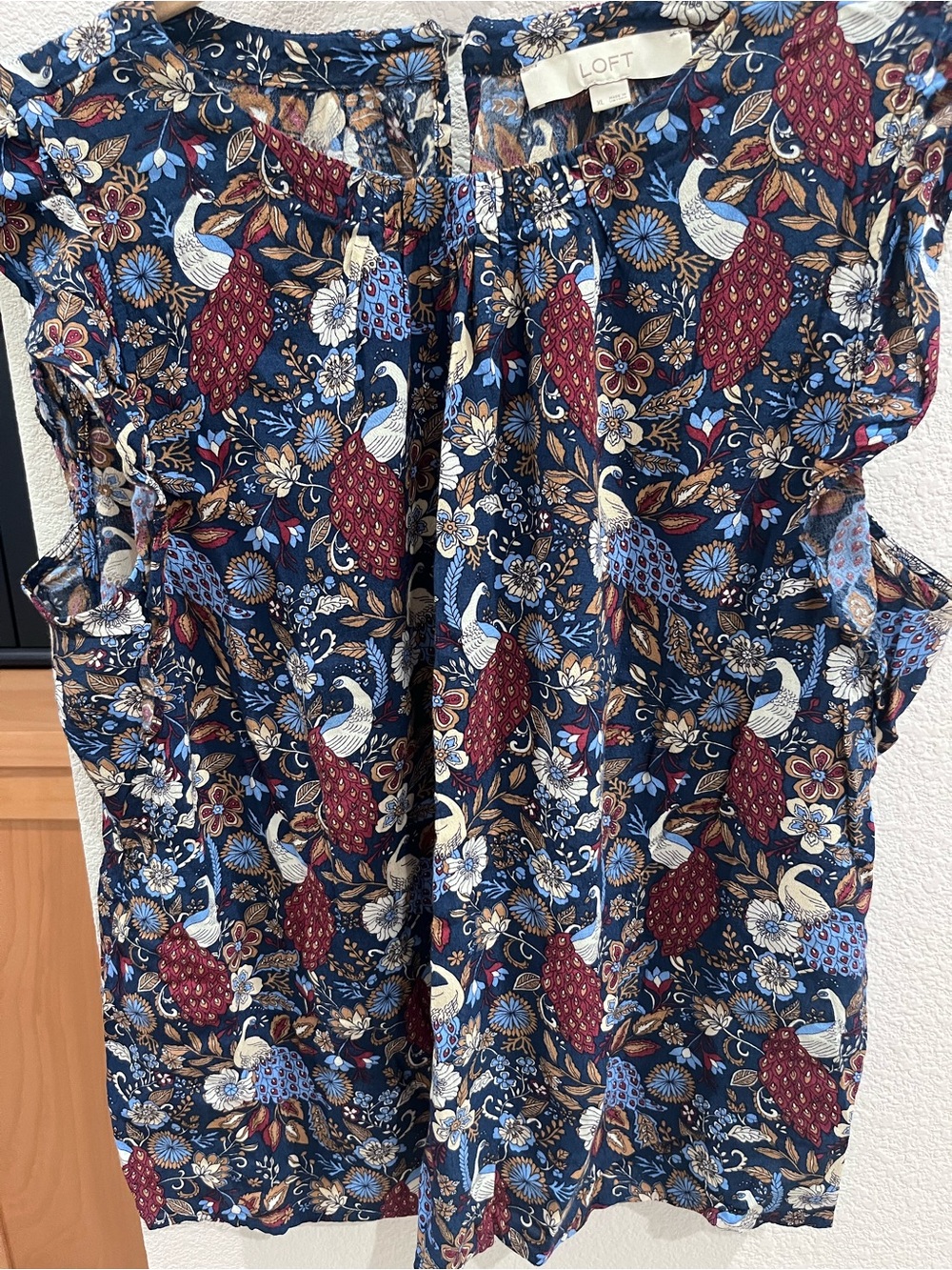 LOFT Navy Floral & Peacock Print Top with Burgundy and Cream Accents XL